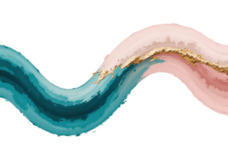 Abstract wavy teal and pink brushstroke with gold accent on transparent background