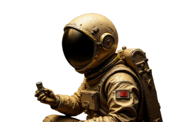 Astronaut in spacesuit holding a small object with transparent background