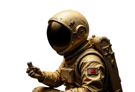 Astronaut in spacesuit holding a small object with transparent background