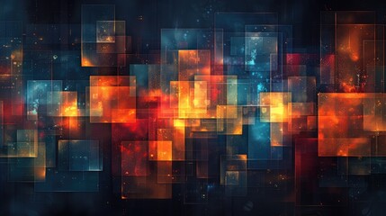 Fototapeta premium Abstract Cosmic Squares Digital Art Print Orange Blue