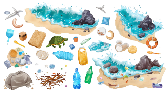 Set of polluted beach scenes with trash, isolated on white background. - Powered by Adobe