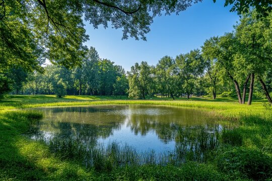 Serene park pond reflecting trees, sunny day