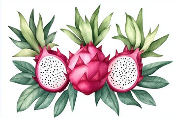 Fototapeta premium Vibrant Dragon Fruit Wreath Watercolor Illustration