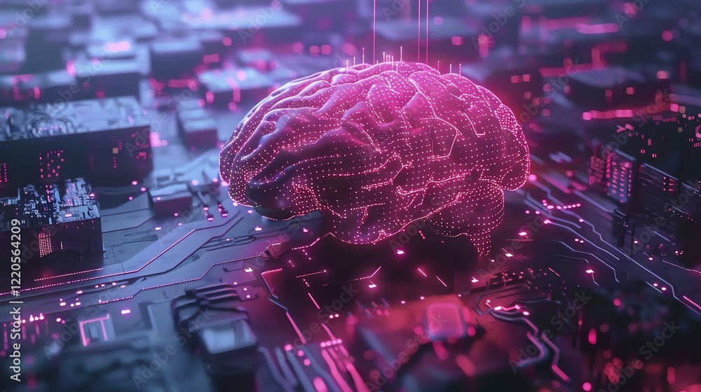 Poster a digital rendering of a glowing brain on a circuit board.