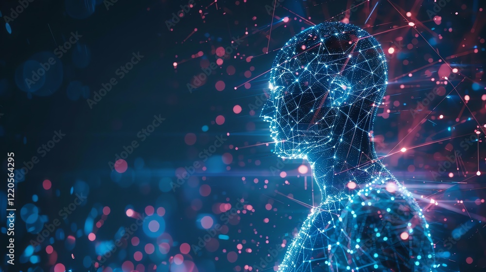 Aufkleber a digital rendering of a human figure with a glowing blue and red network of lights and lines.