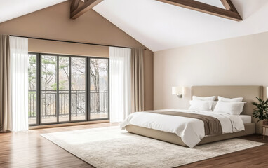 Fototapeta premium Cozy modern bedroom with large windows and natural light in a serene setting