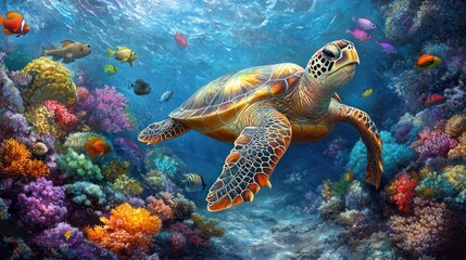 Fototapeta premium Sea turtle swims vibrant coral reef, ocean background, marine life poster