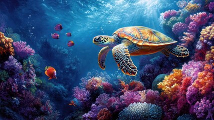 Sea turtle swimming coral reef vibrant ocean background, nature print