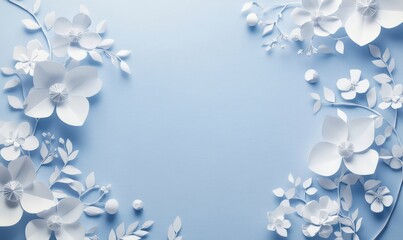 Winter Paper Cut White Blooming Flowers on Blue Background, Origami Art Craft Design, Decorative Floral Border for Holiday and Seasonal Themes, Generative AI