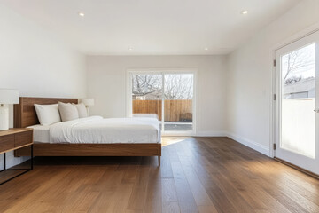 Modern bedroom with natural light and a minimalistic design in a suburban home