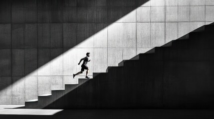 A man in athletic wear is running up the stairs outside, captured from an angle that showcases his movement and form as he runs along concrete steps against a minimalist backdrop