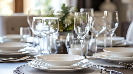 Fototapeta premium A table set for dinner with white plates, silverware, and wine glasses.