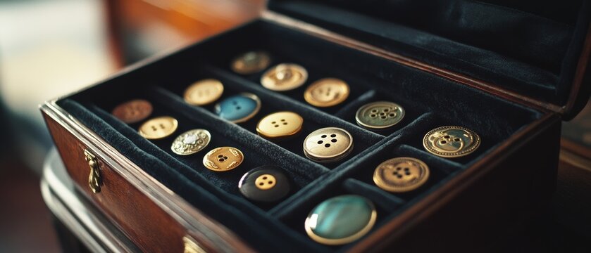 A collection of vintage buttons showcased in a wooden box, offering a glimpse into history, craft, and the beauty of small details in design.