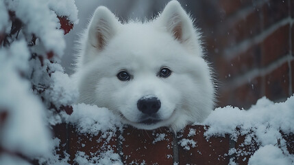 Obraz premium samoyed peeking through fence