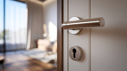 Obraz premium Real Estate Concept. Closeup open door with door handle, modern reliable metal door with wooden interior decor and triple seal