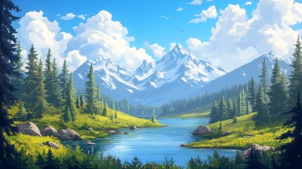 illustration of idyllic summer landscape with river, forest and mountains, beautiful nature scenery -