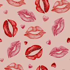 Seamless pattern with colorful lipstick kiss on white background. Repeating texture of multicolored lip prints for wrapping paper and fabric. Kiss. ​​Happy Valentine's Day.