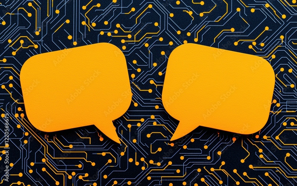 Poster modern digital communication with yellow speech bubbles on circuit background, representing conversa