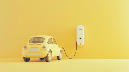 A cartoon style yellow electric car is being charged against a yellow background.