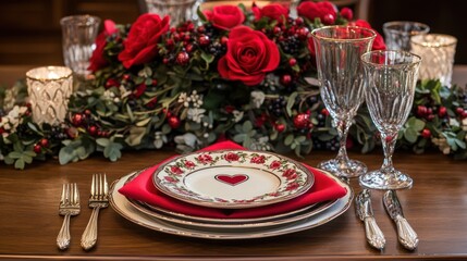 Romantic Valentine's Day table setting, red roses, elegant dinner