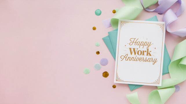 Elegant Work Anniversary Card with Decorative Elements and Ribbons on a Pastel Background