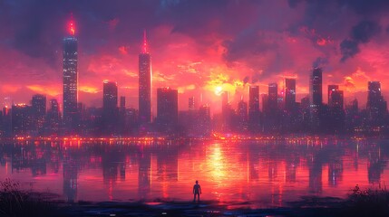A Solitary Figure Contemplates a Cityscape at Sunset