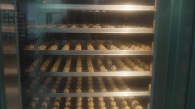 Rows of cookies bake on metal racks inside a large industrial oven, showcasing the process through various perspectives