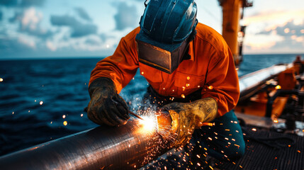 Skilled offshore maintenance engineer welding pipe at sunset