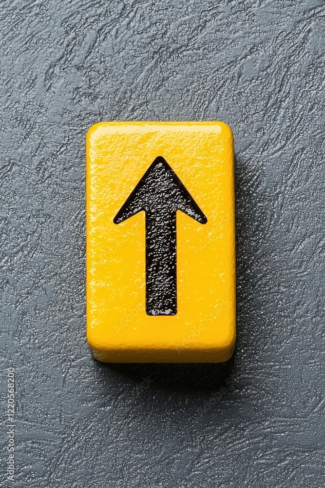 Poster a bright yellow upward arrow symbol on a textured surface, signifying direction and progress in a bo