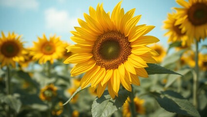Obraz premium A vibrant sunflower in full bloom, with a softly blurred field of sunflowers and a blue sky in the background