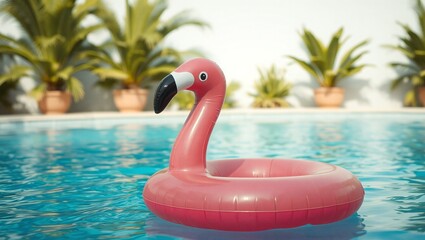 A vibrant inflatable flamingo float drifting in a clear blue swimming pool with blurred tropical plants in the background.