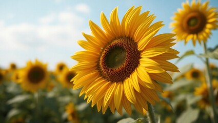 Obraz premium A vibrant sunflower in full bloom, with a softly blurred field of sunflowers and a blue sky in the background