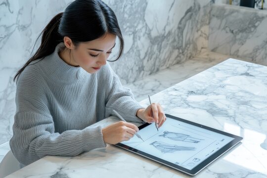 A young woman uses a stylus to sketch fashion designs on a digital tablet.