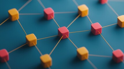 Colorful cubes connected by lines illustrate networking, connectivity, and modern technology concepts in a digital background.