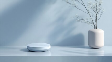 Blue studio product display platform, vase, shadow