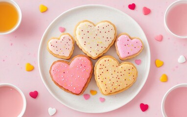 Colorful heart-shaped cookies decorated with icing and sprinkles, perfect for Valentine's Day celebrations and sweet treats.