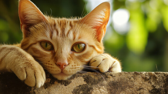 close up of orange tabby cat resting on stone surface, looking curious and relaxed