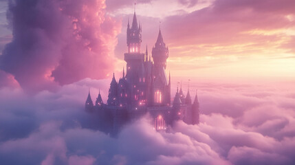 Magical Pink Castle Above Clouds Dreamy Fantasy Sunset Scene Sky View Soft Royal Light Image Aerial 