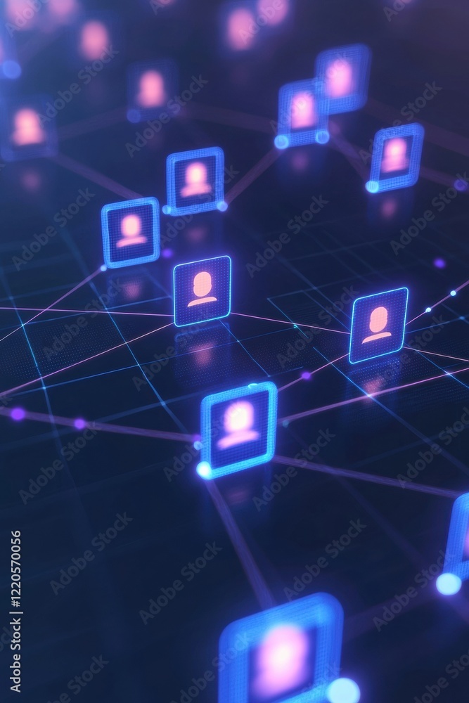 Poster futuristic network connection with glowing user icons illustrating digital communication and social 