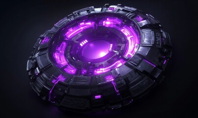 Futuristic Glowing Purple Neon Portal with Mechanical Details on Dark Background - Sci-Fi Time Travel Concept, Generative AI