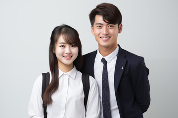 Asian students smiling together on white background, representing diversity, positivity, and collaboration in a university or academic setting. For school. Isolated images.