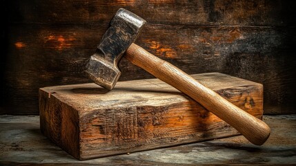 Wooden Mallet on Rustic Wood Surface