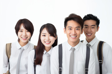 Fototapeta premium Asian students smiling together on white background, representing diversity, positivity, and collaboration in a university or academic setting. For school. Isolated images.