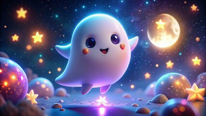 Fototapeta premium Adorable 3D Ghost, Night Photography, Cute Spooky Halloween Character, Isolated Background