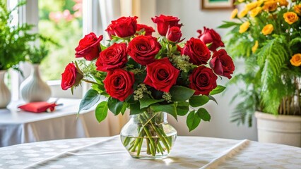 Colorful bouquet of large red roses arranged in a vase on a white tablecloth, with some greenery and flowers surrounding them, flower vase, home decor
