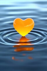 A vibrant orange heart-shaped object floats gracefully on serene water, creating gentle ripples that evoke love and tranquility.