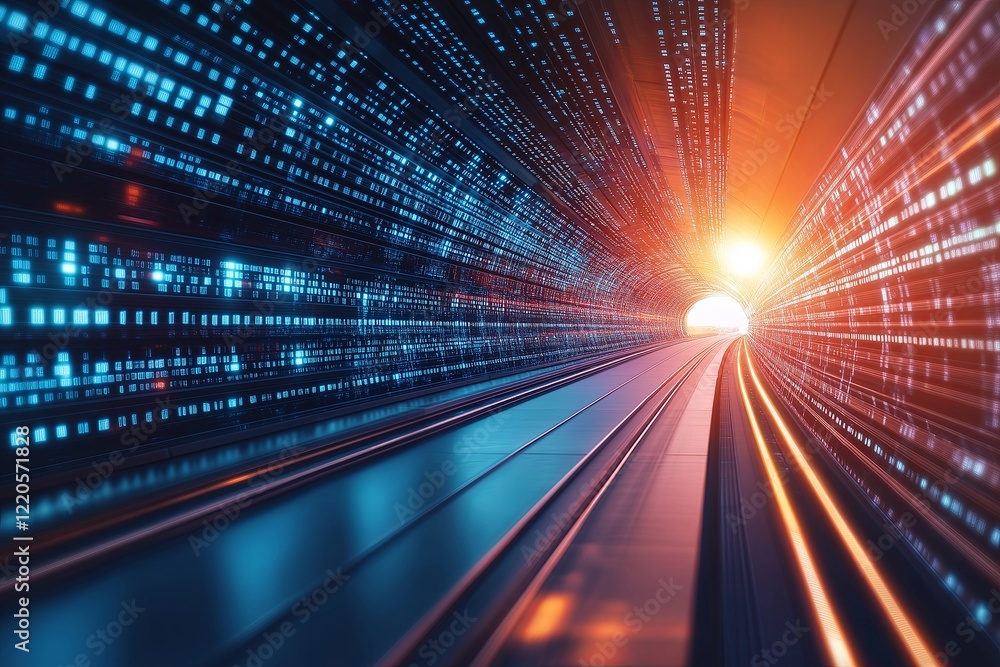 Poster An endless digital tunnel with pixelated light streams moving forwar 