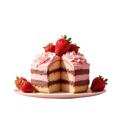 Layered cake with pink frosting, flowers, and strawberries on a plate with a pink background