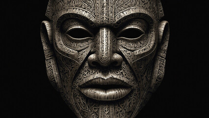 Sketch of the "Bauta" Mask with a Distinct Angular Chin and Embossed Decorative Elements in Scratchboard Style