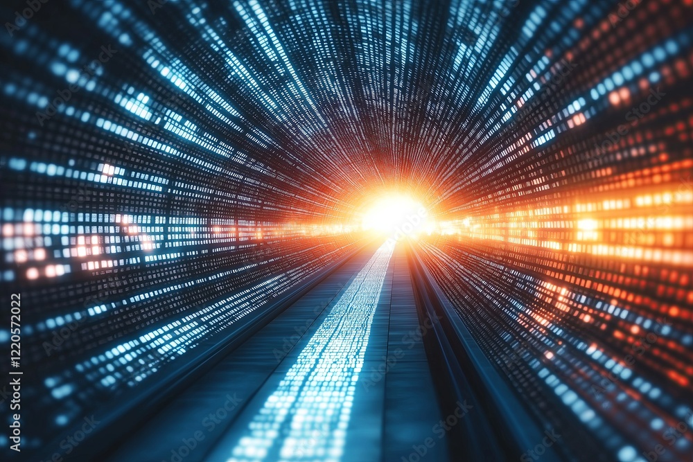 Poster An endless digital tunnel with pixelated light streams moving forwar 